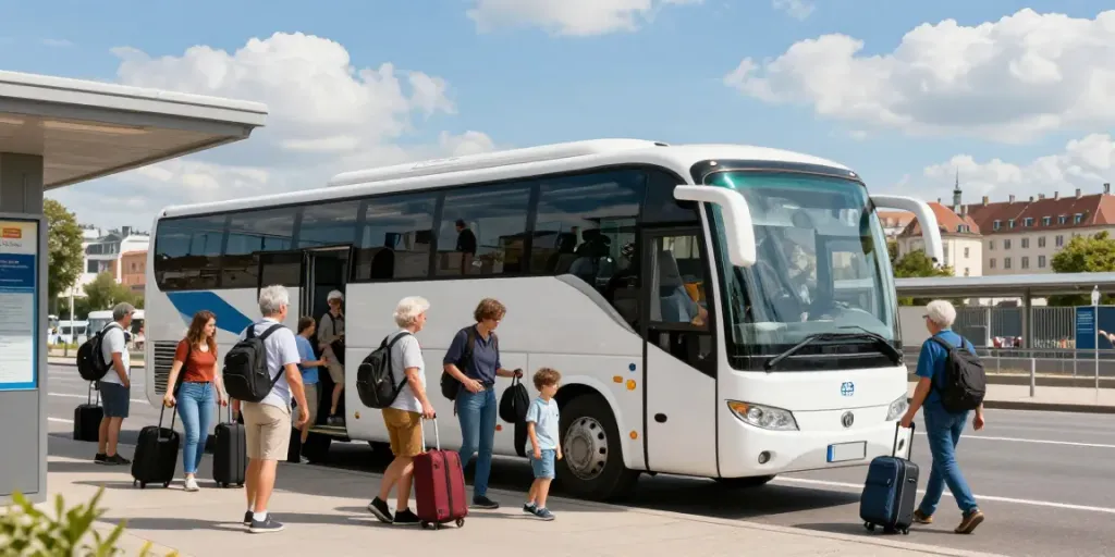 Transport Moldova Germania, pasageri care se îmbarcă într-un autocar confortabil în fața unei stații moderne.