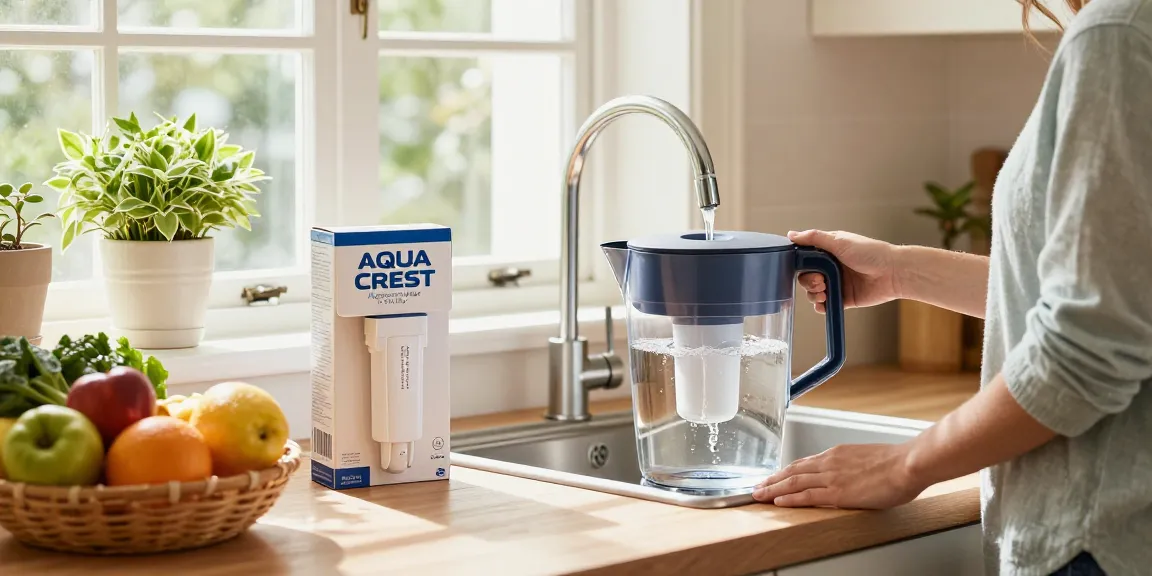 AQUA CREST Magnesium Water Filter displayed in a bright kitchen with fresh fruits.