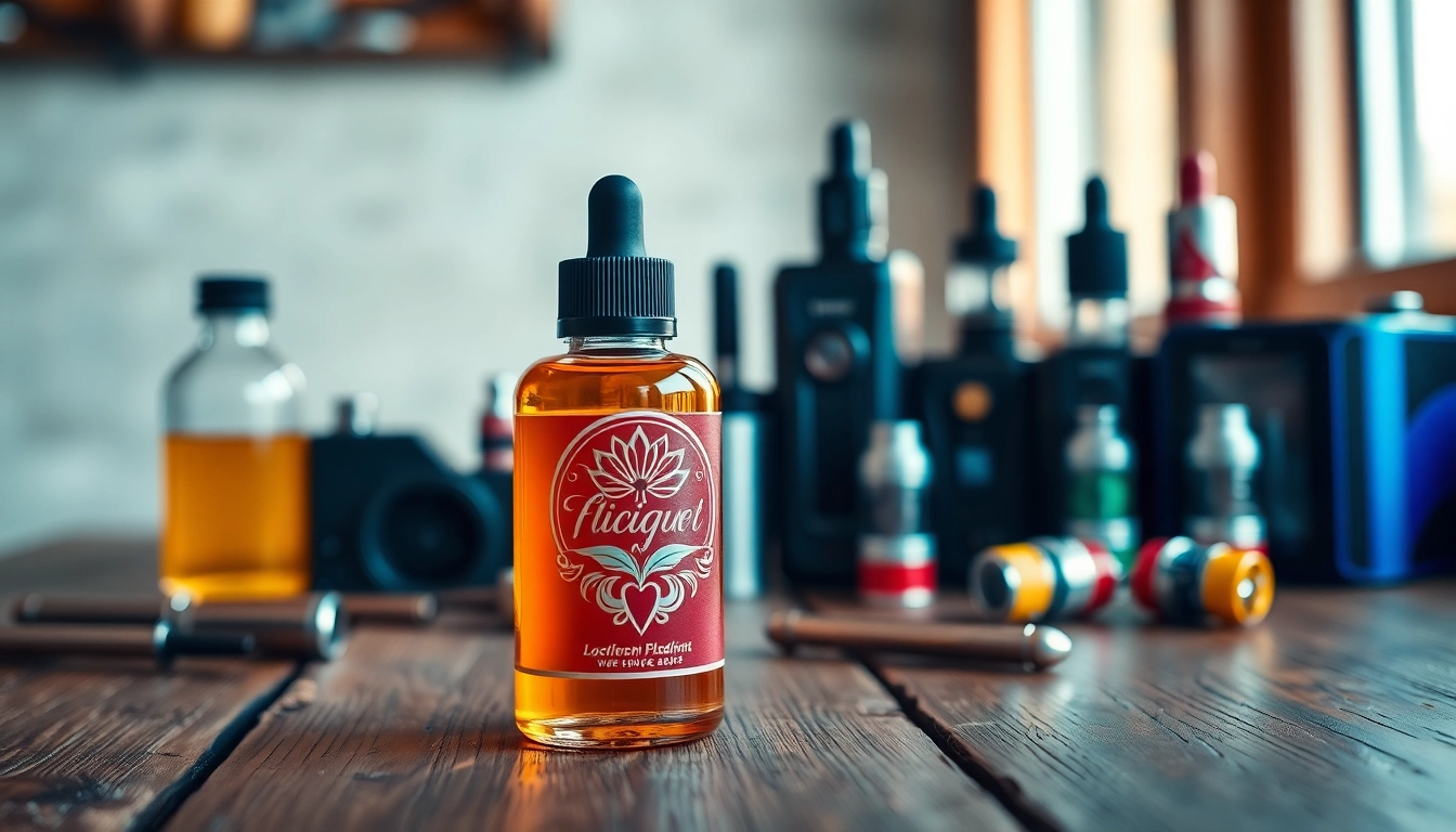 Experience vape juice elegance with a beautifully designed bottle and vape devices on a wooden table.