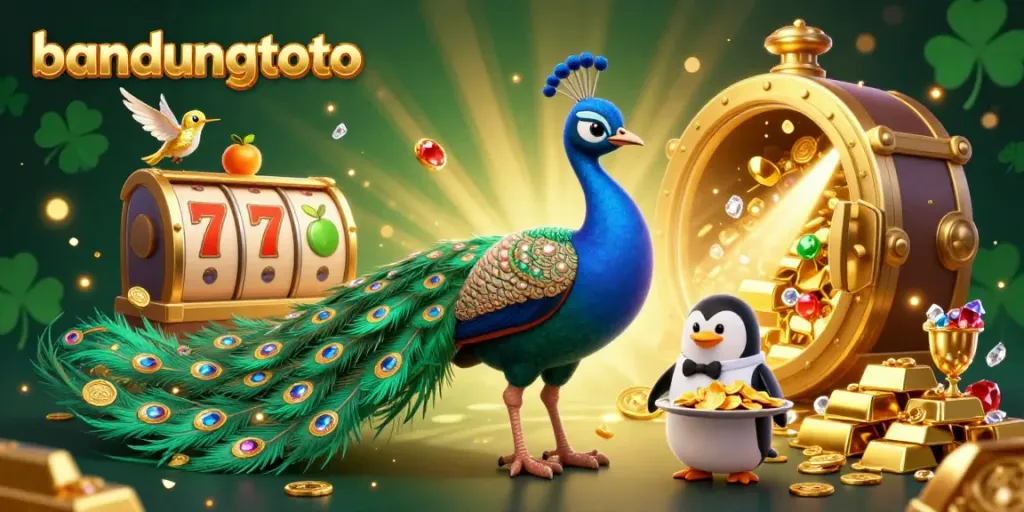 Experience thrilling bandungtoto gameplay with vibrant casino visuals filled with peacock luck and golden wealth.