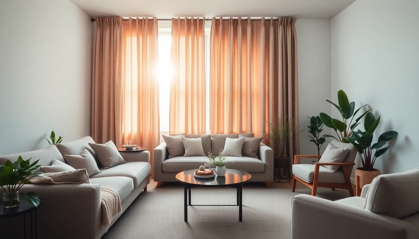 Verduisterende gordijnen creëren een gezellige sfeer in deze moderne woonkamer.