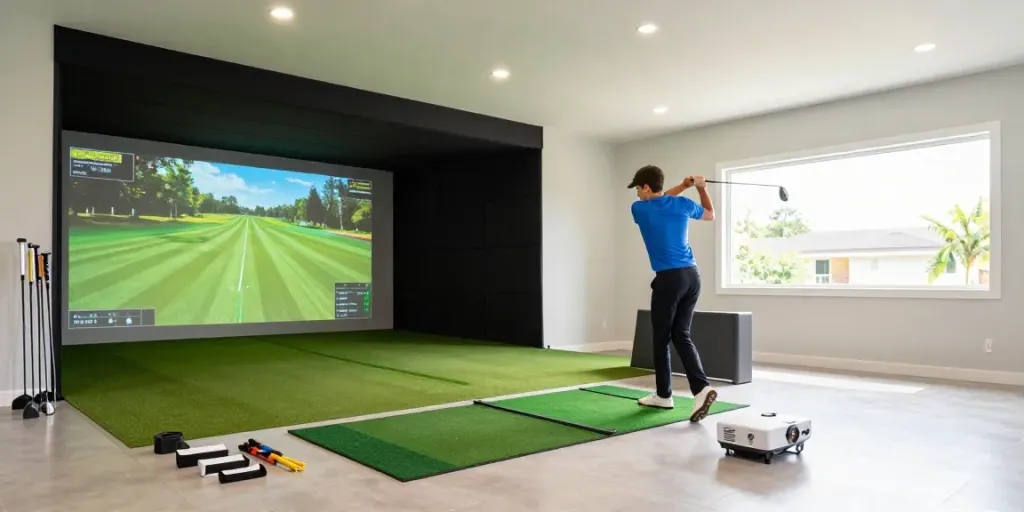 How to build home golf sim with golfer swinging at an impact screen in a bright garage setup.