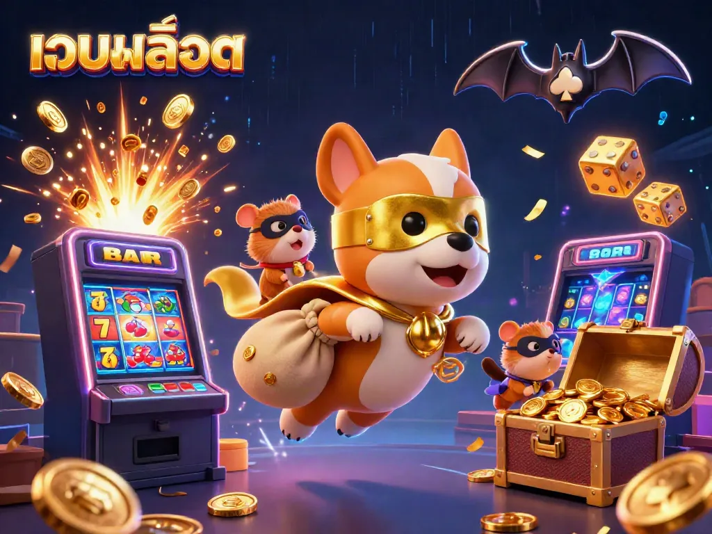 Experience thrilling เว็บสล็อต action with a superhero dog and hamster amidst jackpot excitement.