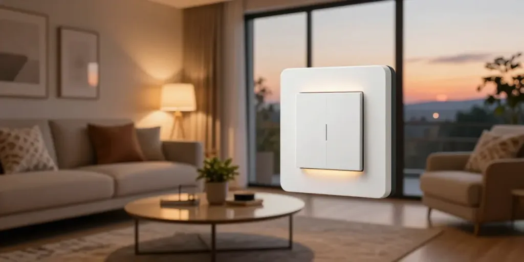 Smart touch switch controlling lighting in a modern living room.