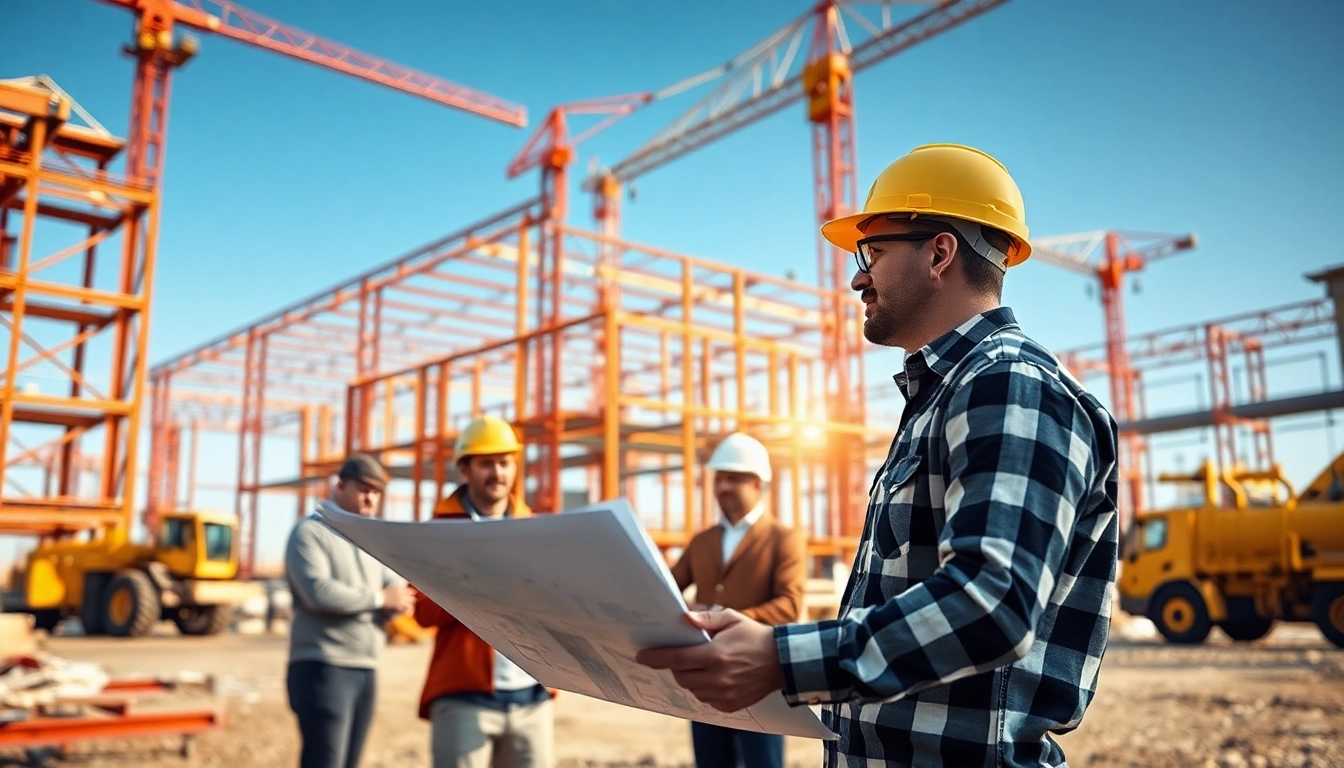 Construction developer leading a project with detailed blueprints and machinery on-site.