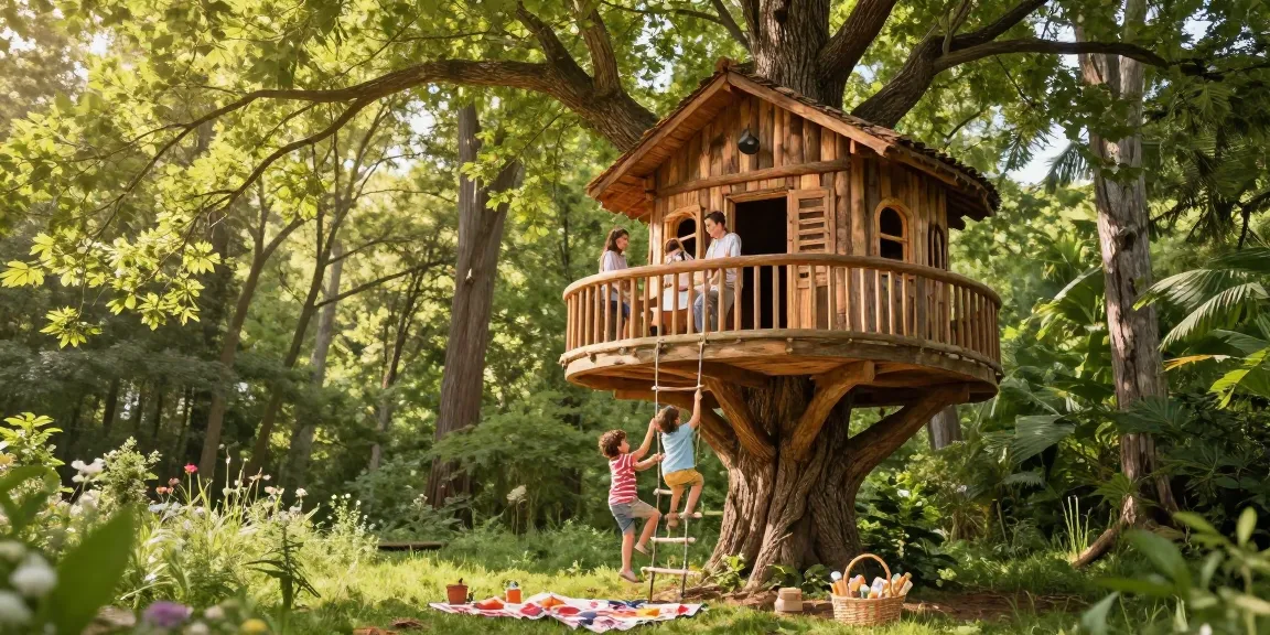 Family enjoying a picnic on a treehouse balcony surrounded by lush greenery.