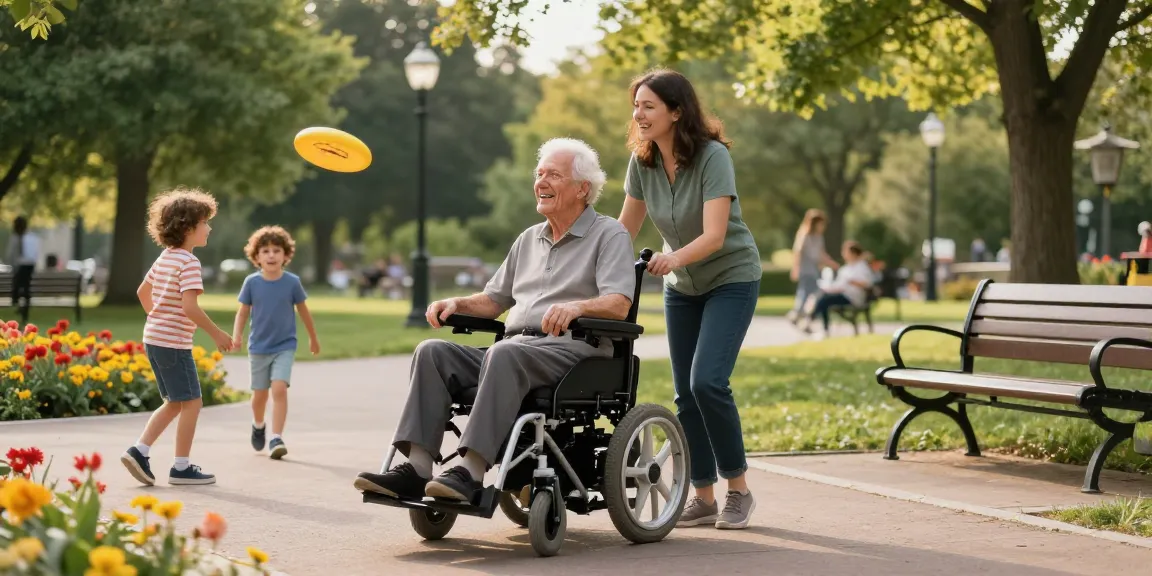 Electric wheelchair user enjoying leisure time at park with caregiver and children.