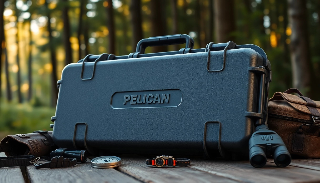 Showcasing a pelican rifle case with rugged design against an outdoor backdrop, evoking adventure.
