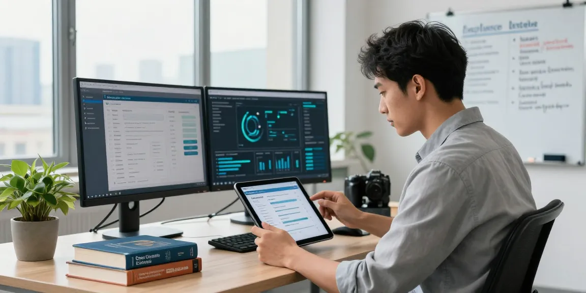 IT specialist reviewing the cyber essentials checklist in a modern cybersecurity office