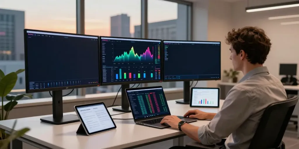 Nifty 50 real-time API dashboard in a professional cryptocurrency trading office.