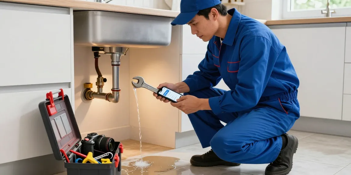 This page highlights an experienced plumber addressing urgent plumbing issues in a modern kitchen.