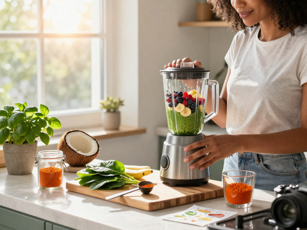 Vegan astaxanthin supplement smoothie preparation in a vibrant kitchen, showcasing fresh ingredients and a healthy lifestyle.