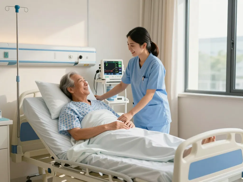 Image of a hospital bed designed for giường bệnh nhân with nurse adjusting features, bright room atmosphere.