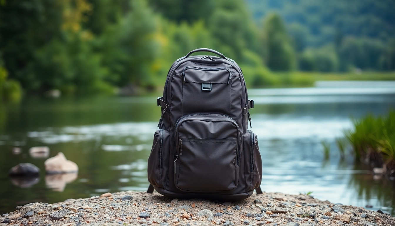 Fly fishing backpack showcasing waterproof design and compartments by a tranquil riverbank.