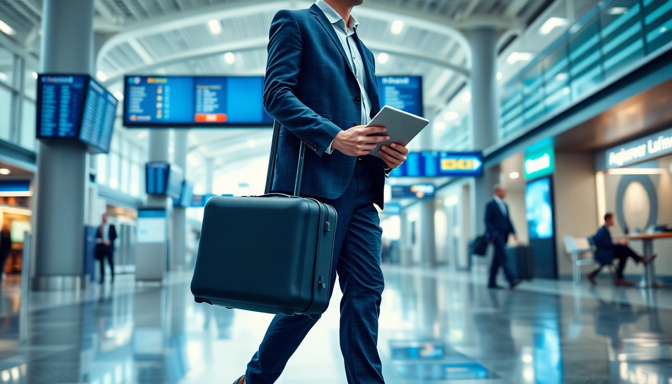 Business traveler preparing for 출장 at a bustling airport, showcasing energetic atmosphere.
