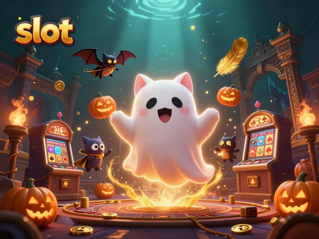 Spin the reels with the ghostly cat and bat, exploring a haunted casino.