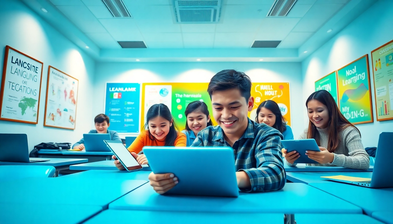 Interactive language learning with 有道 tools in a modern classroom setting.