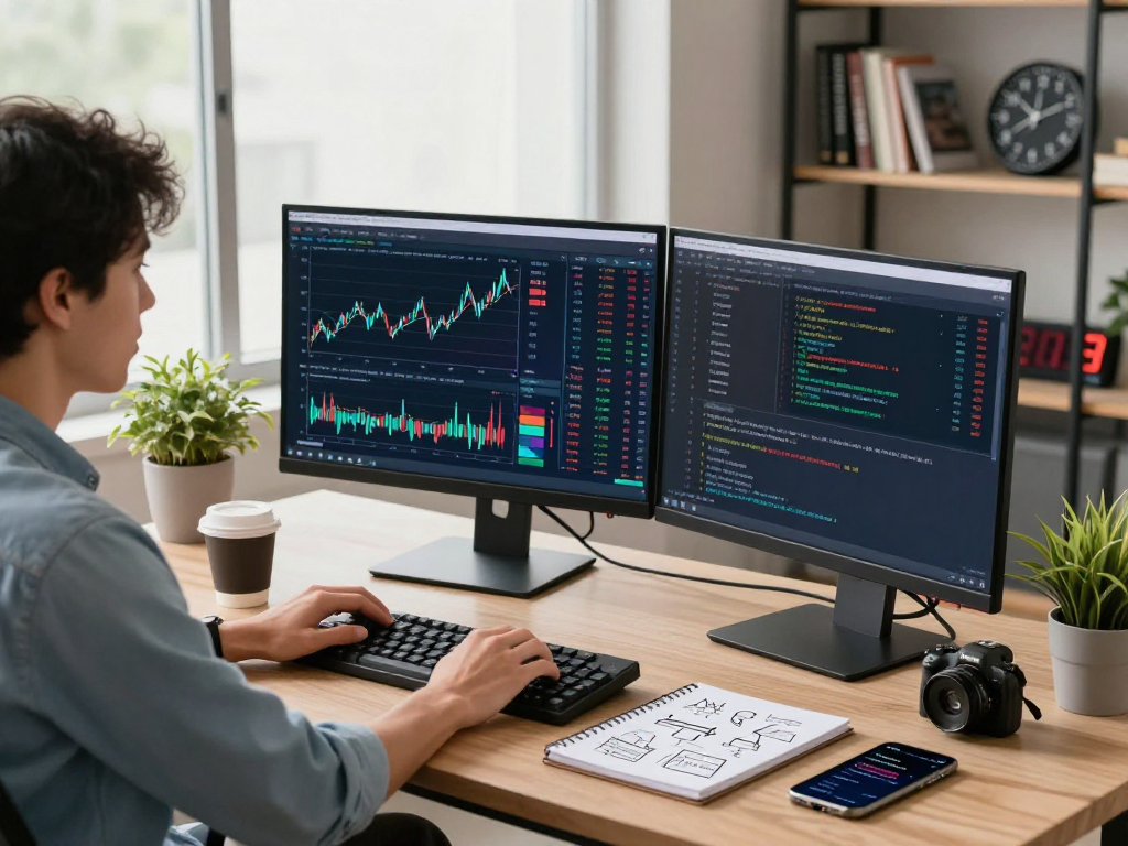 Developer analyzing index backtesting data in a modern tech workspace with dual monitors and charts.
