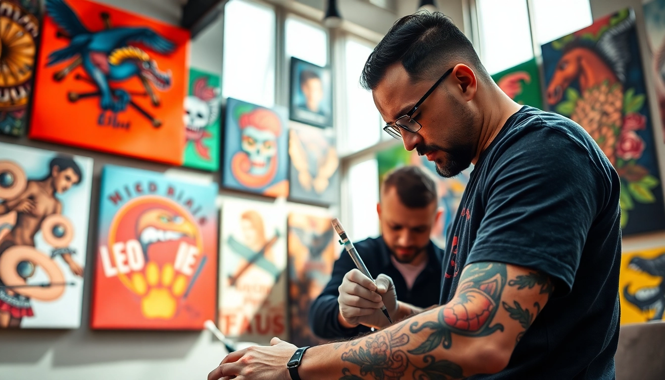 Capture the artistic spirit at entrelagostattooartgallery.com featuring a tattoo artist in action.