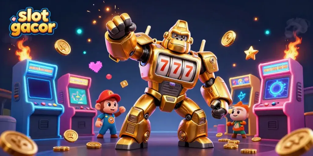 Experience the thrill of slot gacor with a golden gorilla mech, dynamic game elements, and vibrant casino aesthetics.