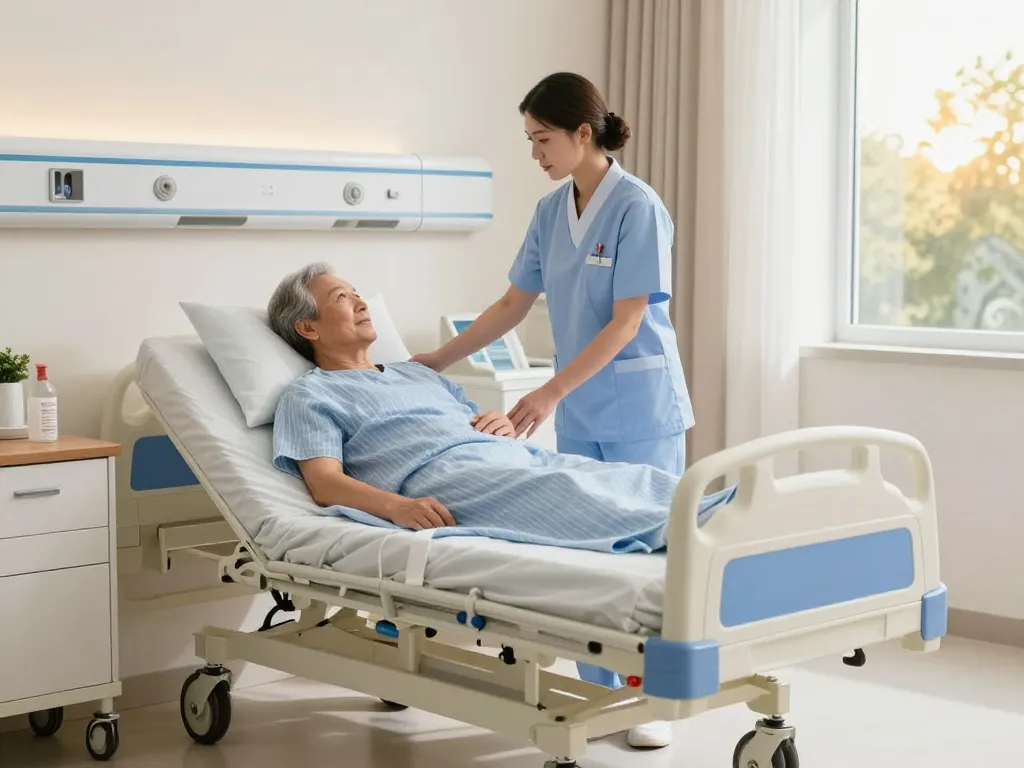 Patient bed giường bệnh nhân in a hospital setting with nurse assisting, promoting health and recovery.