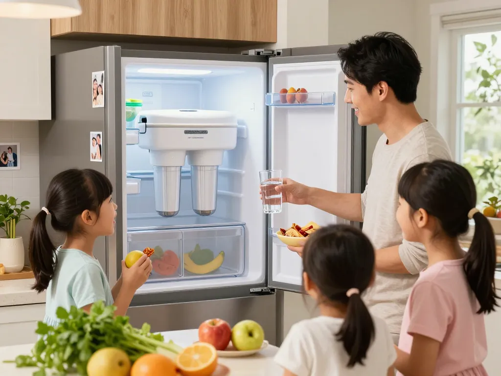 AQUA CREST 469690 ADQ36006101 Refrigerator Water Filter in a family kitchen, parent pouring filtered water, kids enjoying fresh fruits.