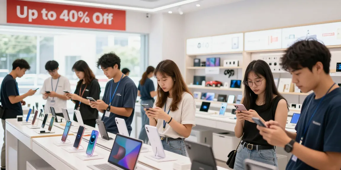 Shoppers using rokok88 login to browse electronics in a vibrant retail space.