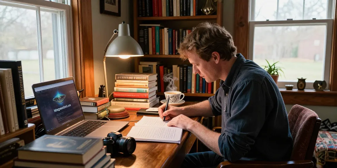 Writer T Allen Greenfield at desk with books, sharing insights at https://tallengreenfield.com in a cozy library