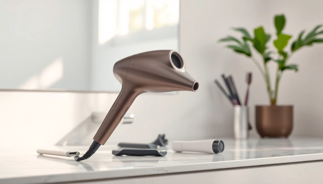 Stylish Ionic hair dryer elegantly displayed on a modern bathroom countertop.