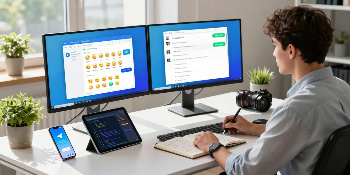 Dynamic tech workspace with Telegram中文 chat interface displayed on monitors, reflecting modern productivity.