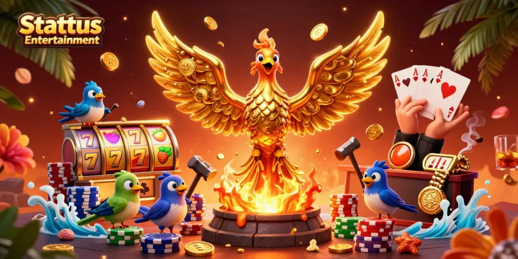 Experience the thrilling world of Stattus Entertainment with vibrant slot games and a golden phoenix.