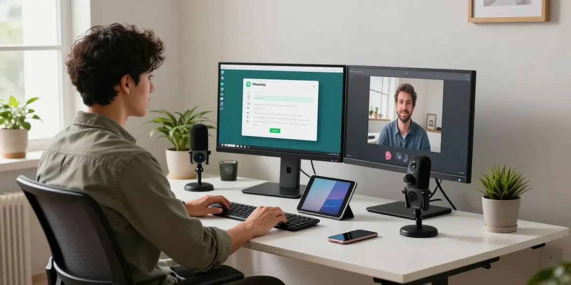 Professional using WhatsApp電腦版 on dual monitors in a modern office.