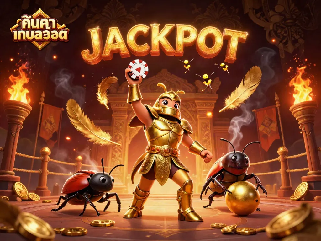 Engage in the excitement of ค้นหาเกมสล็อต as a victorious beetle lifts a poker chip amidst swirling gold.