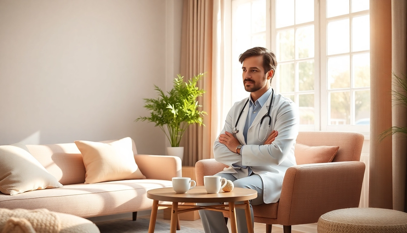 Visually explore depression symptoms depicted in a warm therapy room emphasizing comfort and serenity.