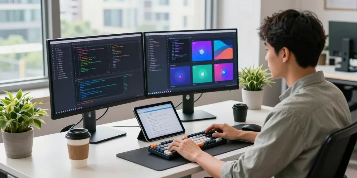 Developer engaging with the 纸飞机中文版 application in a modern tech workspace, surrounded by coding tools.