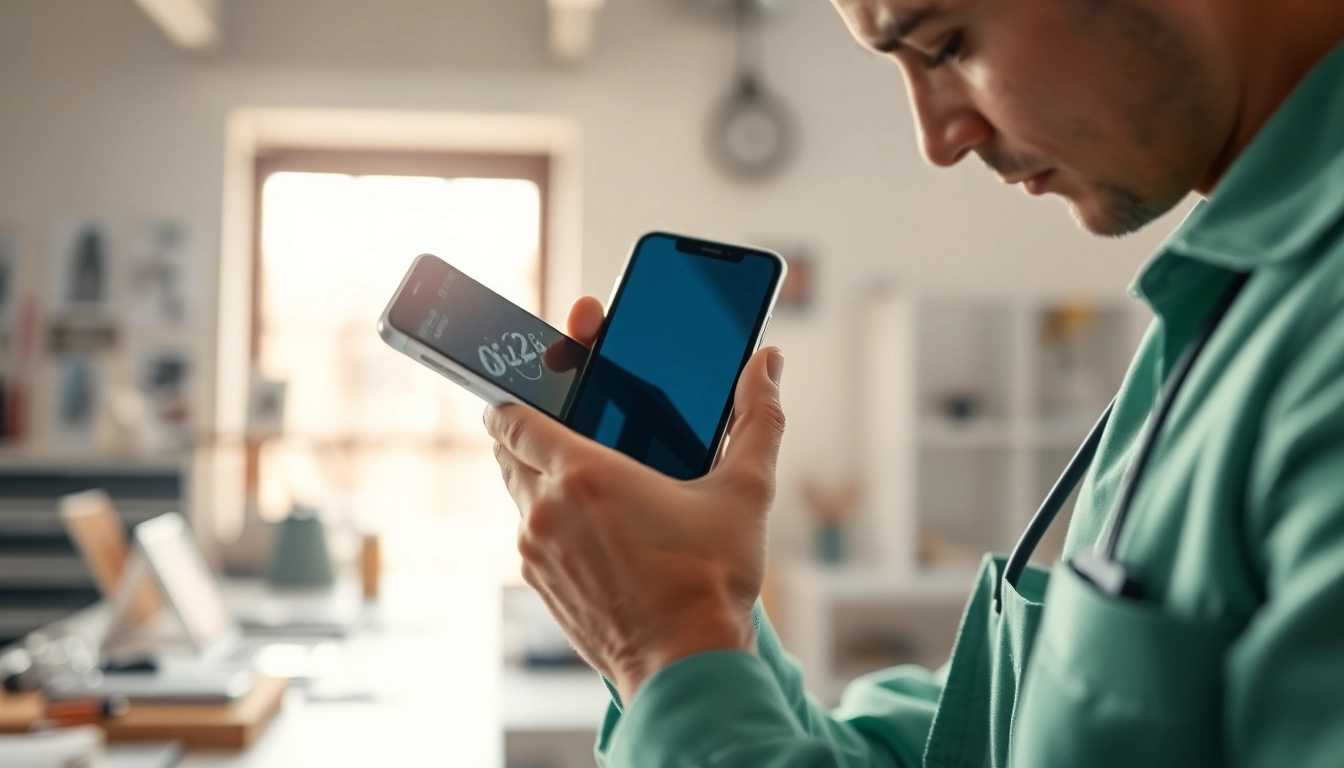 Technician performing detailed screen repair on a smartphone in a bright workshop setting.