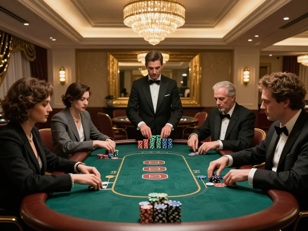 Players strategizing at a high-stakes poker table in a luxurious casino with oli 4d allure.