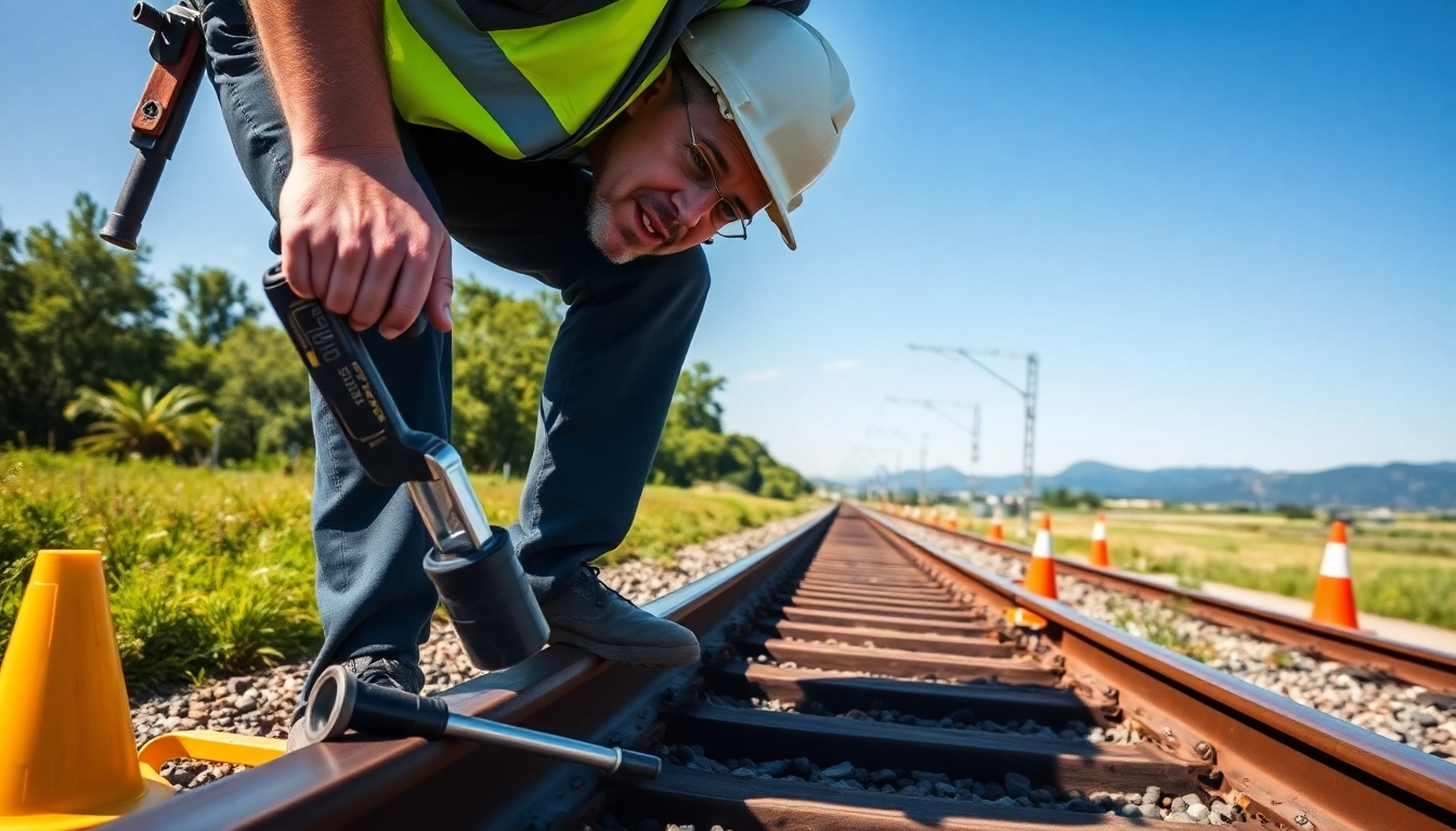 Track Inspectors Near Me inspecting railroad tracks in a rural landscape with tools and safety cones.