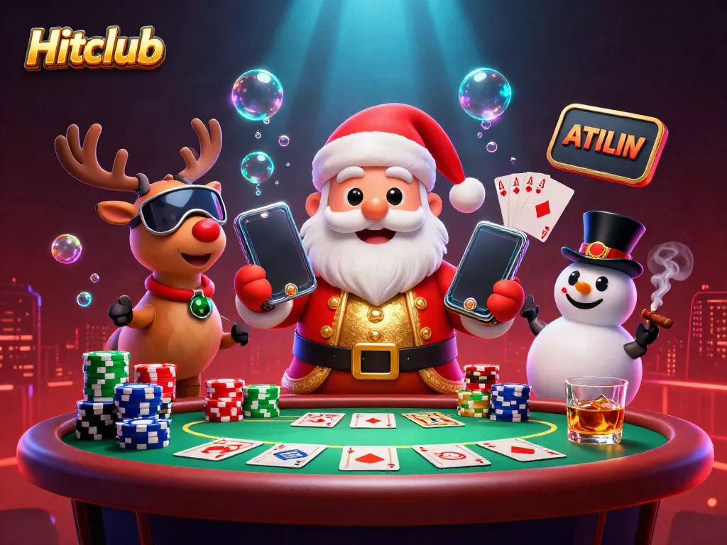Experience the thrill of Hitclub with Santa and friends amid a vibrant casino scene.