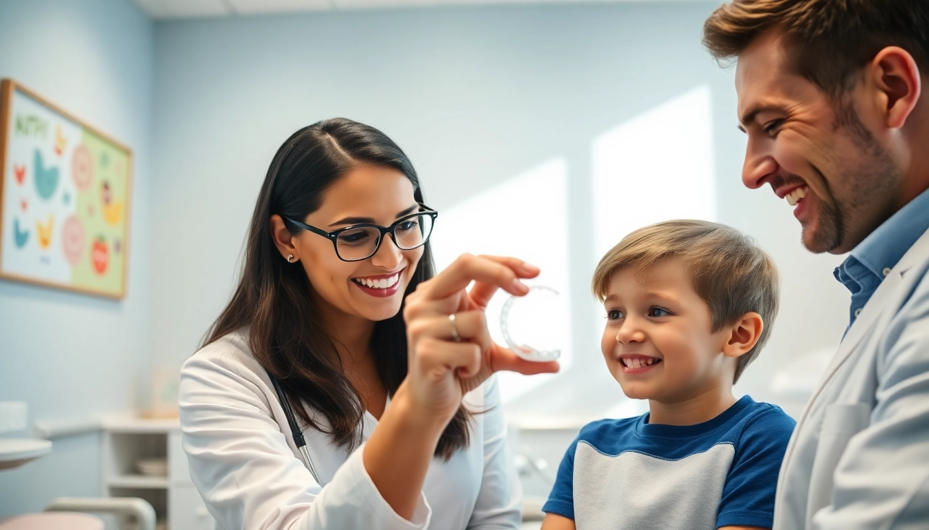 Find an orthodontist near by me assisting a patient with Invisalign in a modern clinic.