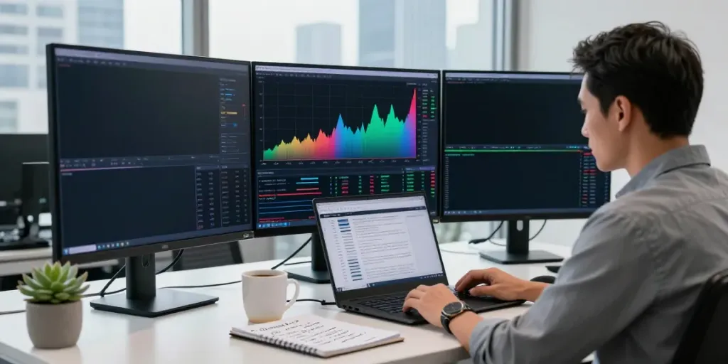 Trader analyzing financial markets using MetaTrader 5 on multiple screens in a modern office.