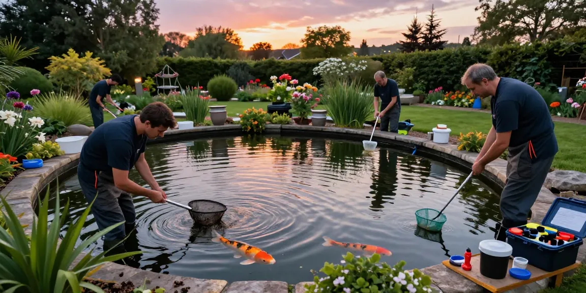Professional Pond Cleaning Kent team removing debris from a serene garden pond.