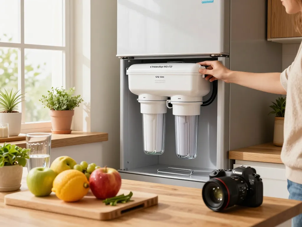 Waterdrop WD-F13 Replacement for GE® MWF® Water Filter installation in a bright kitchen with fresh produce.