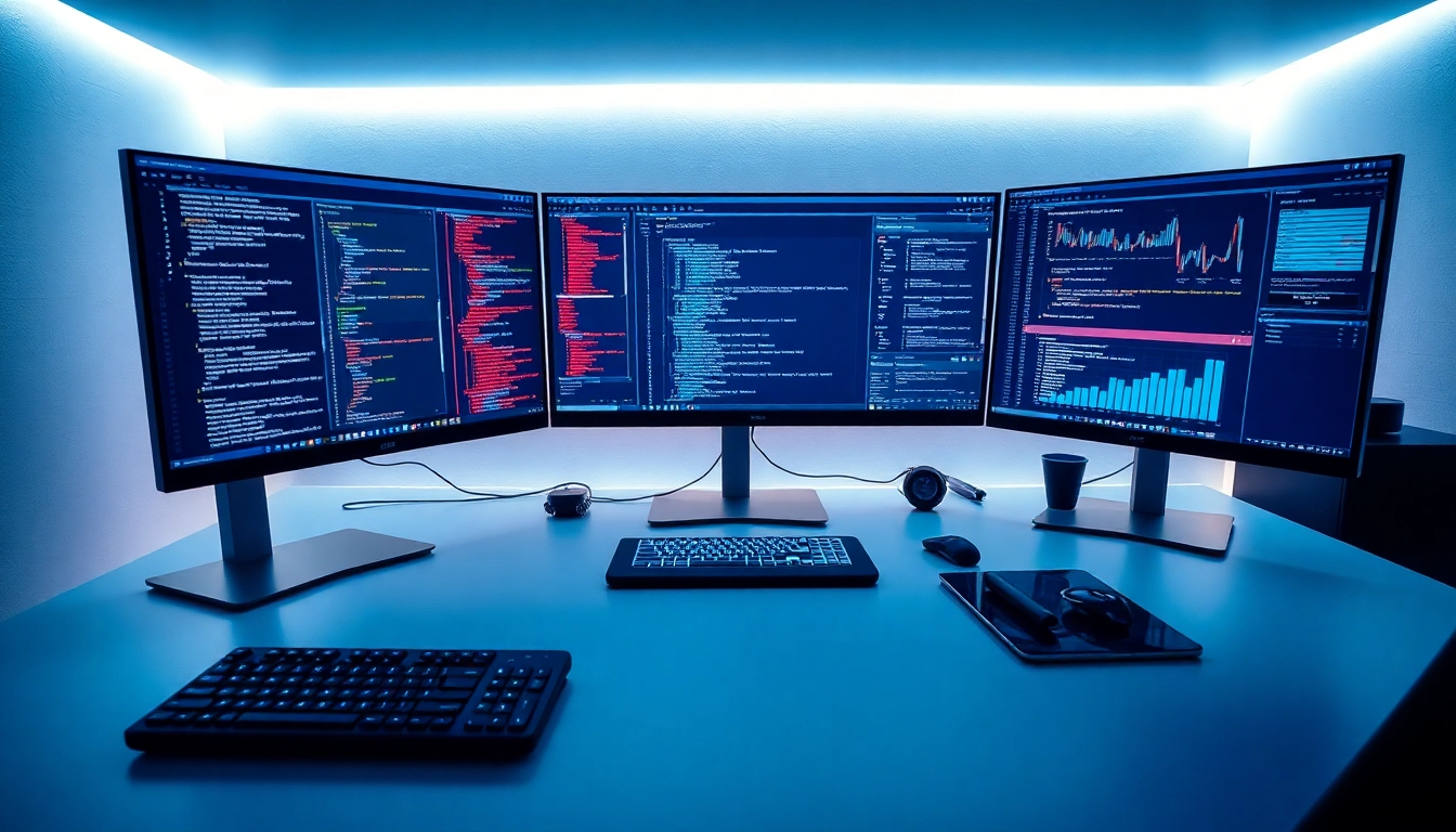 Dynamic software engineering workspace with coding screens and modern tech gadgets