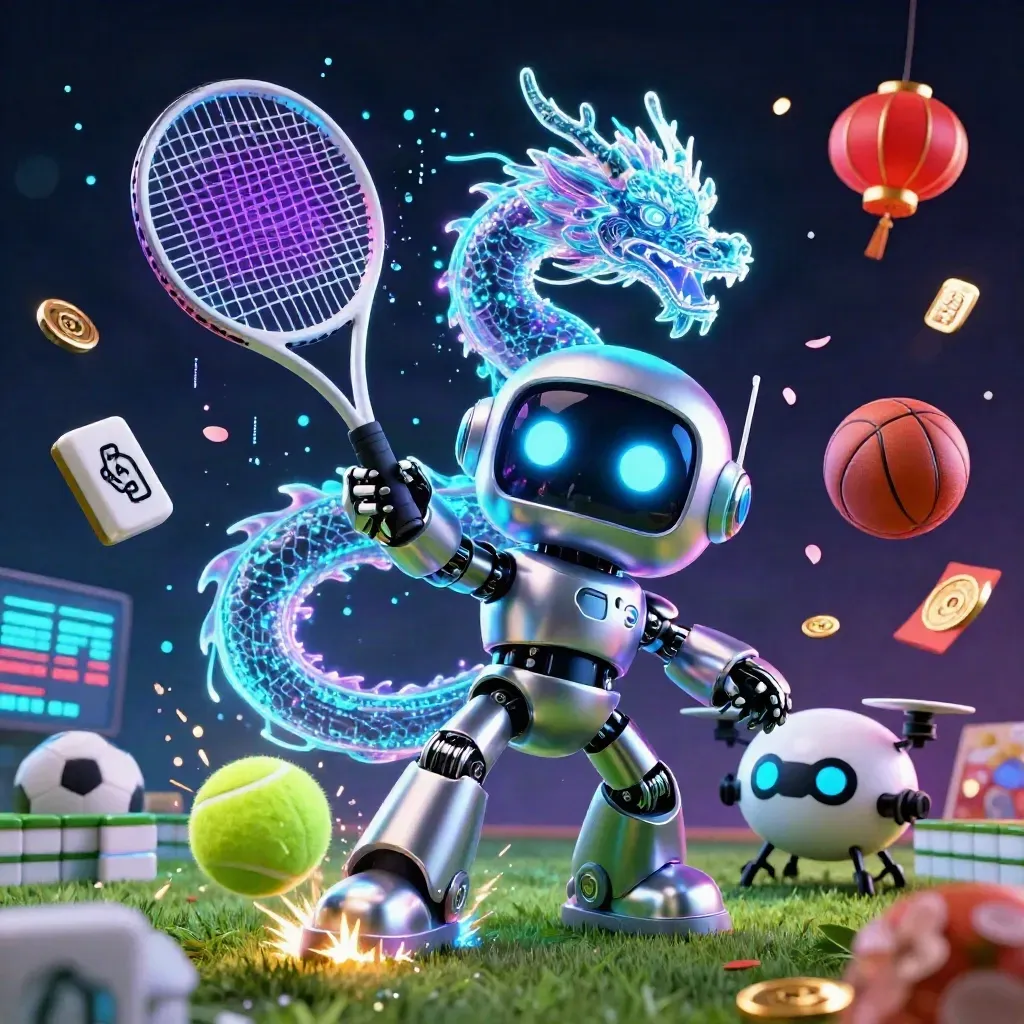 Cyberpunk robot, AI dragon and coin drone in a neon tennis smash with casino symbols.