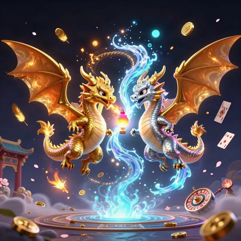 Twin dragons spiral with fire and ice above a glowing temple gate and casino treasures.