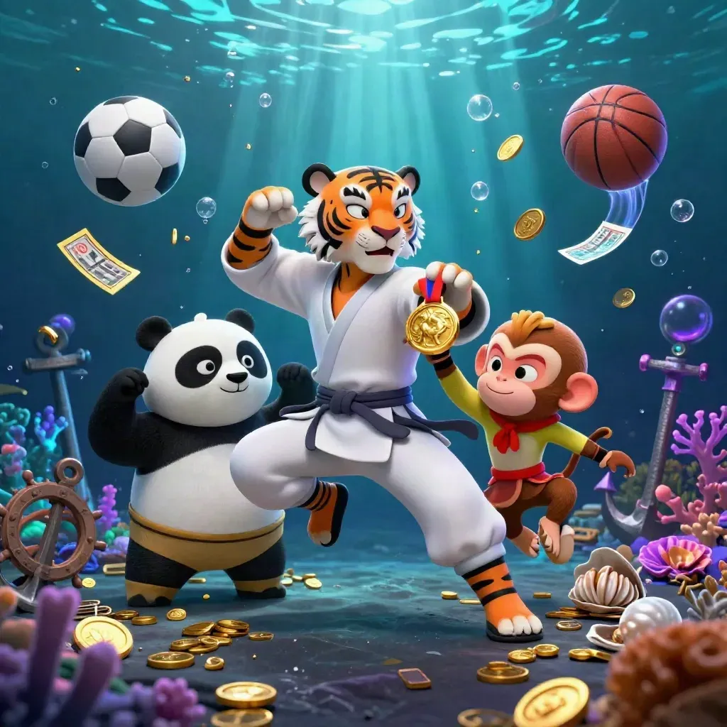 Kung-fu tiger, panda, and monkey amid an underwater gold rush with neon cyan-purple glow.