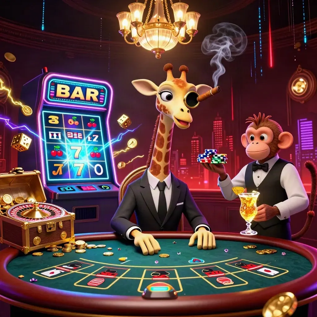 Giraffe casino hero scene with slot burst, gold, neon energy, and skyline.