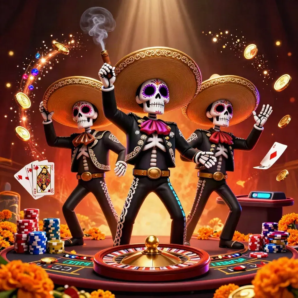 Day-of-the-Dead skeleton mariachi trio amid casino lights, coins, gems, wheel, chips, and smoke.