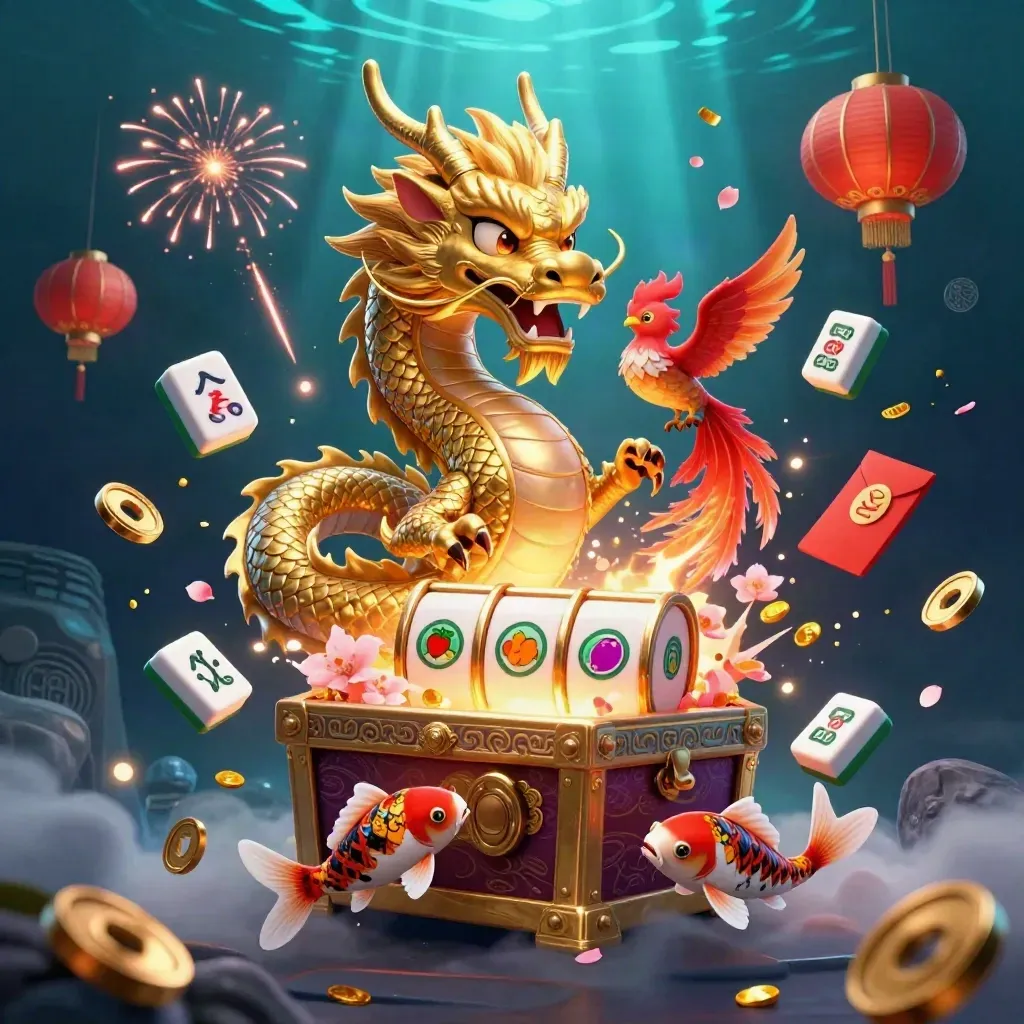 Golden dragon with phoenix and koi bursts from a treasure chest amid neon casino magic.